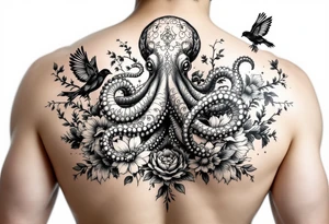 powerful majestic octopus, surrounded by floral ornaments and birds tattoo idea