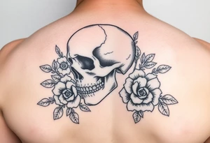 skull slightlyfacing left, surrounded by floral ornaments tattoo idea