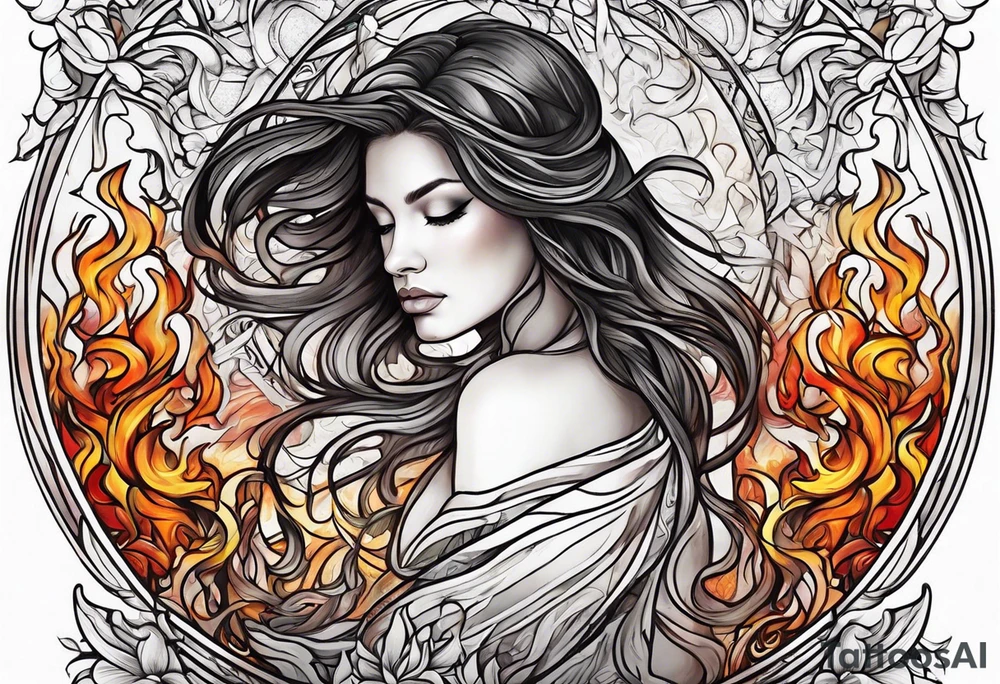 Resurrection strength and courage Beautiful Woman walking through fire and chaos to inner peace and self-love  ethereal tattoo idea