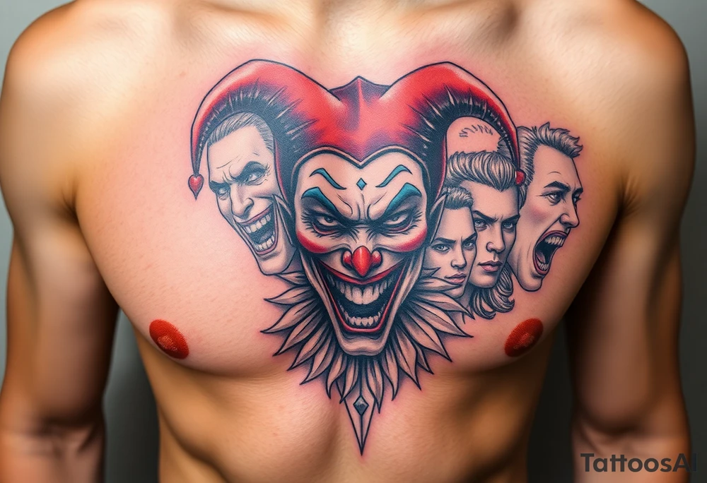 jester collage of emotions tattoo idea