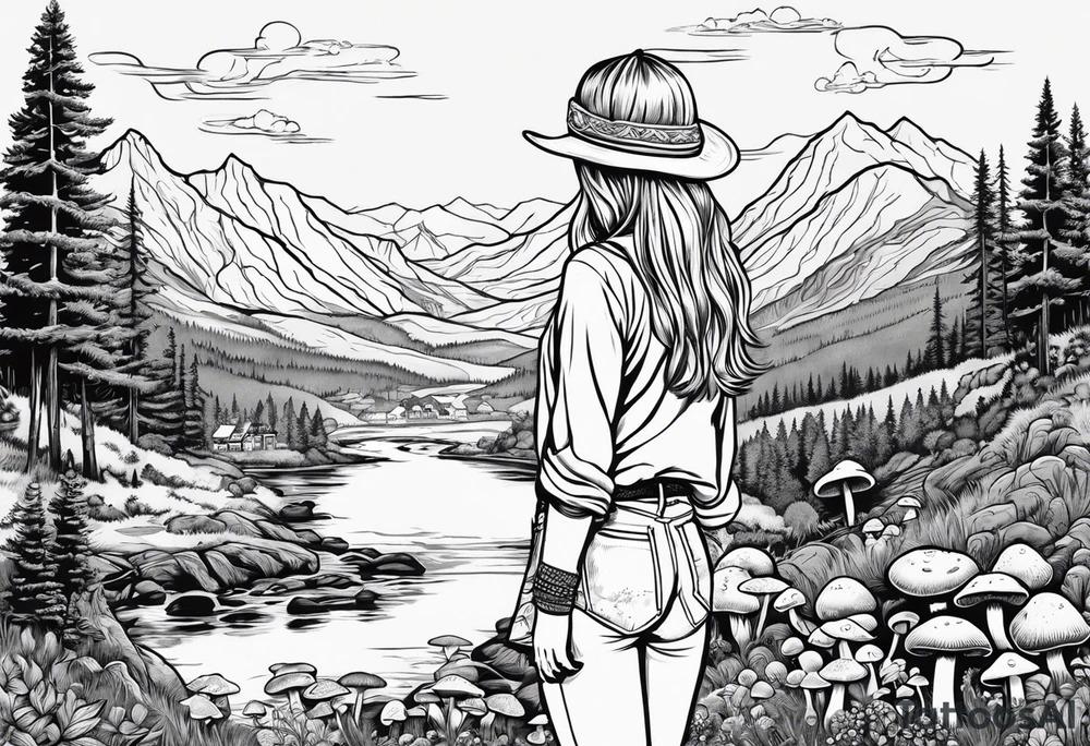 Whole picture encircled fully

Straight long blonde hair hippie girl in distance holding mushrooms in hand facing away toward mountains and creek surrounded by mushrooms long sleeve shirt and hiking pants; whole rendering within a full circle, no cut off circle tattoo idea