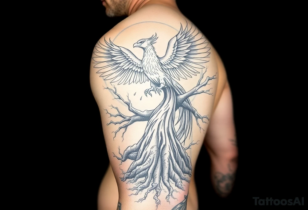 Powerful Phoenix rising from large rooted 
tree of life tattoo idea