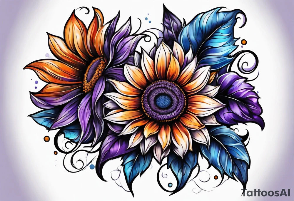 Full arm sleeve with purple, orange and blue sunflowers tattoo idea