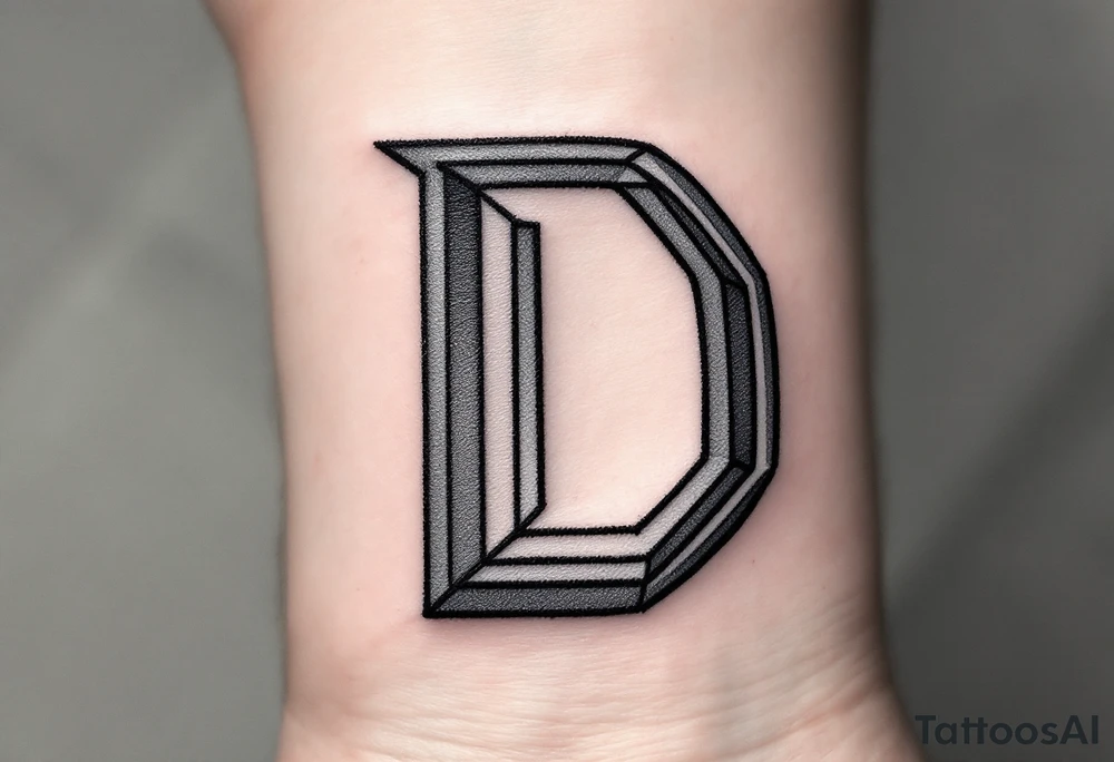 Minimalist Geometric D – A clean, thin-line letter D made from sharp black lines and accented with soft gray shadows. tattoo idea