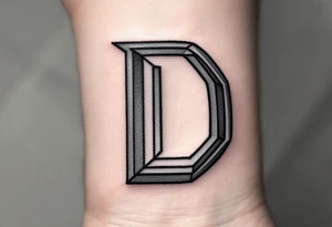 Minimalist Geometric D – A clean, thin-line letter D made from sharp black lines and accented with soft gray shadows. tattoo idea