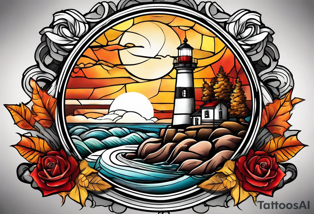 thigh tattoo in fall colors, showing lighthouse, water flow, rocks, sky, clouds, leaves, roses tattoo idea