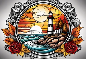 thigh tattoo in fall colors, showing lighthouse, water flow, rocks, sky, clouds, leaves, roses tattoo idea