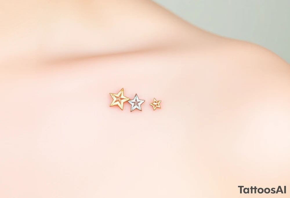 A small cluster of three delicate stars, varying in size, arranged in a diagonal line. The stars have a soft gradient effect, with the largest one in light gold, the second in silver, and the smallest in pale blue. The stars have a gentle, glowing effect around their edges to create a dreamy, ethereal feel. This design represents guidance, dreams, and wishes coming true. tattoo idea