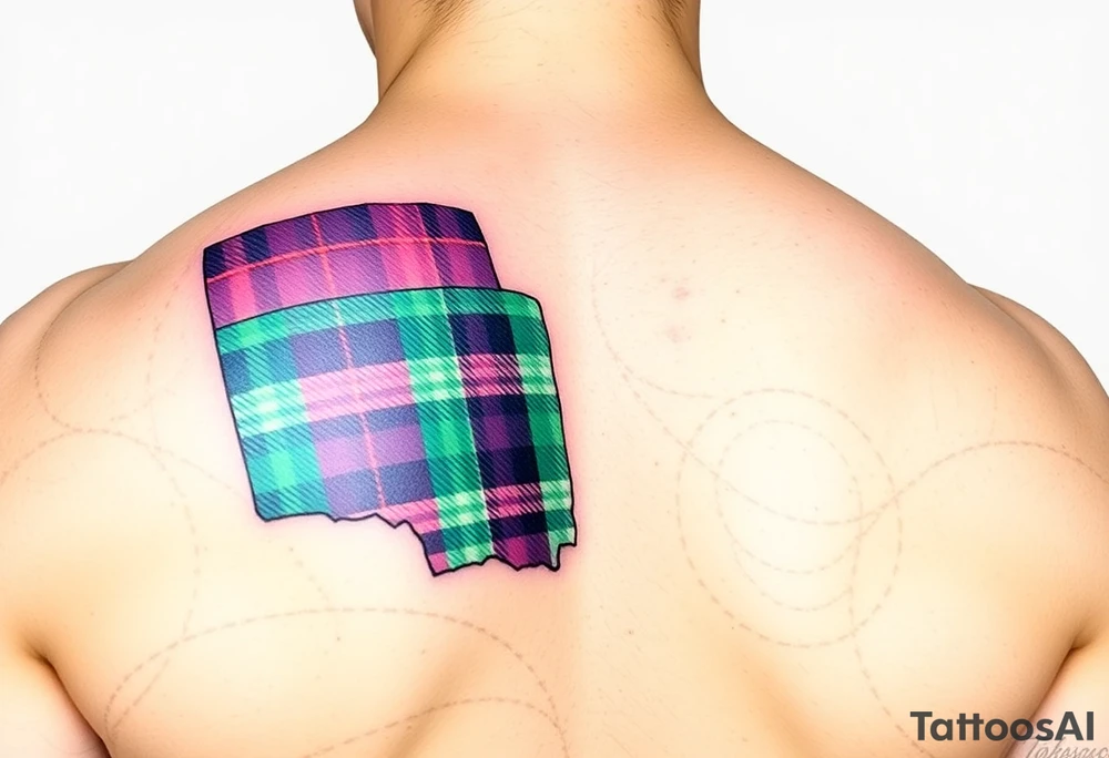 Side of arm Dark Purple with green pink blue and white highlights tartan fabric with flesh peeling away at edges tattoo idea