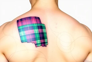 Side of arm Dark Purple with green pink blue and white highlights tartan fabric with flesh peeling away at edges tattoo idea