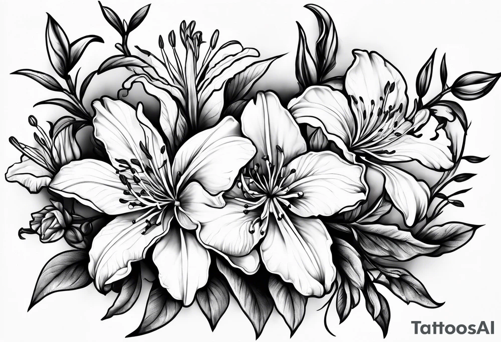 5-petal azaleas with buds along a long branch tattoo idea