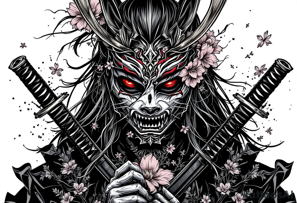 Woman samurai with red eyes wearing an half and broken kitsune mask, holding 
two katana and Sakura flowers ornement
Tatoo is for upper arm tattoo idea