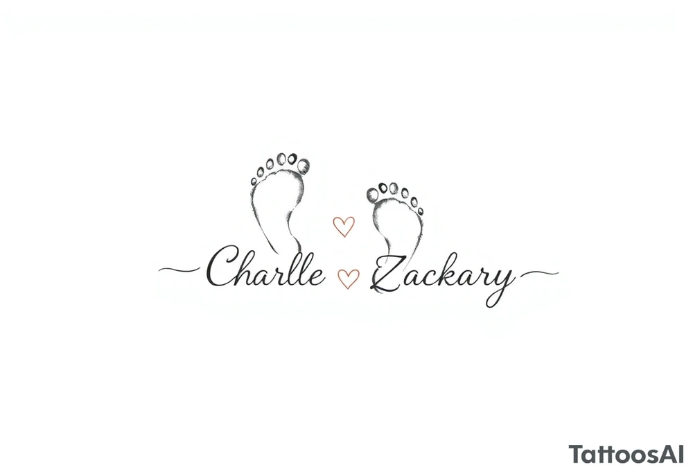 Create a small, elegant tattoo design that celebrates the spirit of childhood. The design should evoke innocence and joy, incorporating delicate elements like tiny handprints or footprints, subtle stars, or a playful heart. Consider integrating minimal floral accents or soft, flowing lines that suggest the nurturing bond of family. Optionally, you can include the names "Charlie" and "Zackary" in gentle, cursive script within the design to personalize it further. tattoo idea