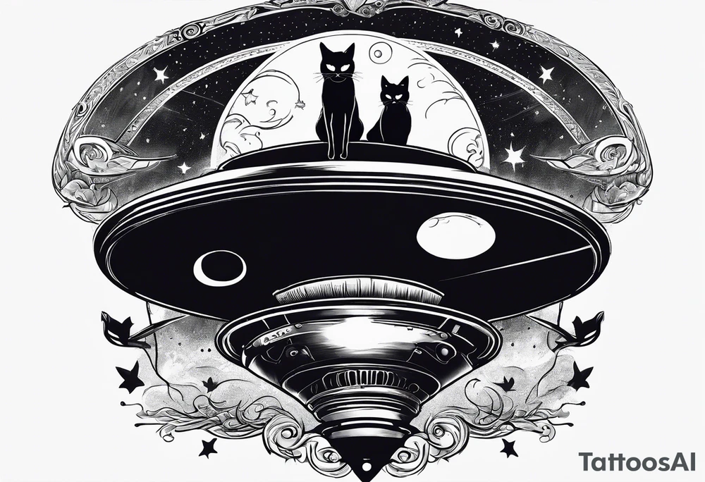 A black cat kidnapped by a UFO tattoo idea