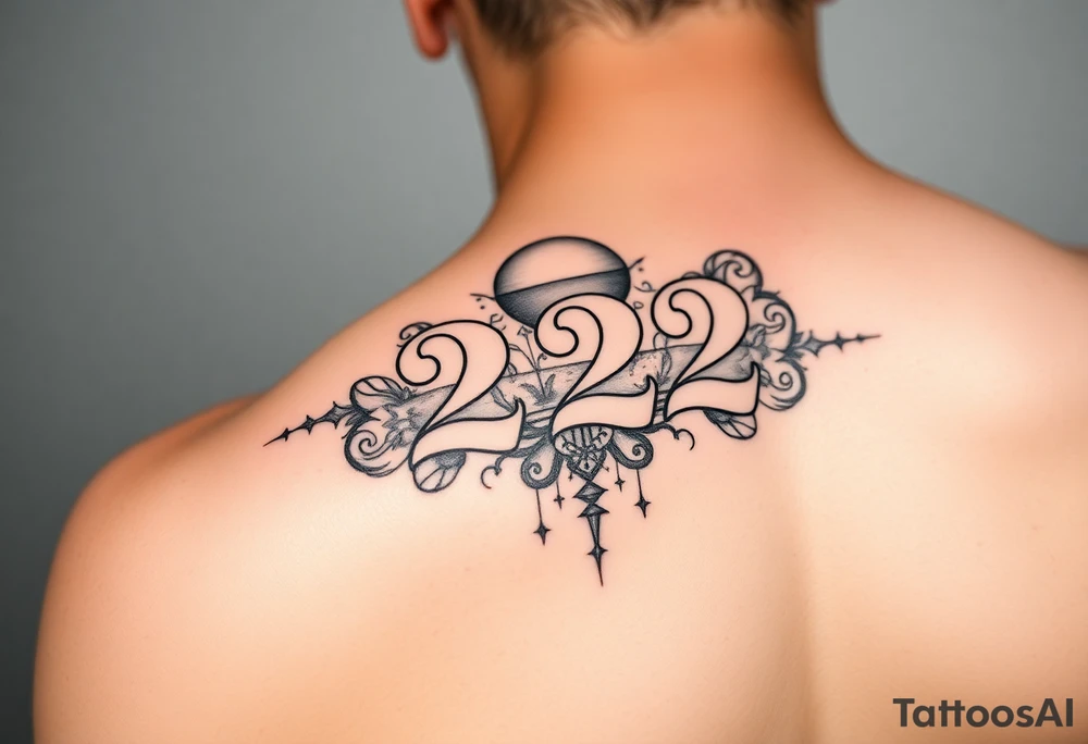 Bold 222 surrounded with sunset and love and stardust and vibration tattoo idea