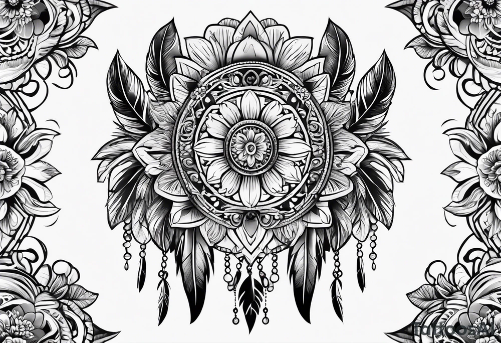 western patter with feathers and flowers for hip tattoo idea