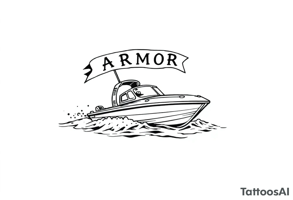 Traditional style tattoo, with a jet boat in the water, with a banner that says “ARMOR” in traditional lettering, add traditional aspects to this tattoo . tattoo idea