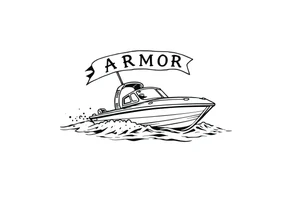 Traditional style tattoo, with a jet boat in the water, with a banner that says “ARMOR” in traditional lettering, add traditional aspects to this tattoo . tattoo idea