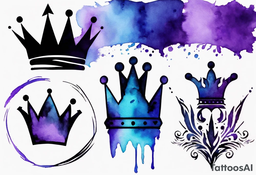 A tattoo of a minimalistic black crown and some negative space on a water color background of purple and blue. tattoo idea
