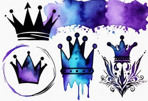 A tattoo of a minimalistic black crown and some negative space on a water color background of purple and blue. tattoo idea