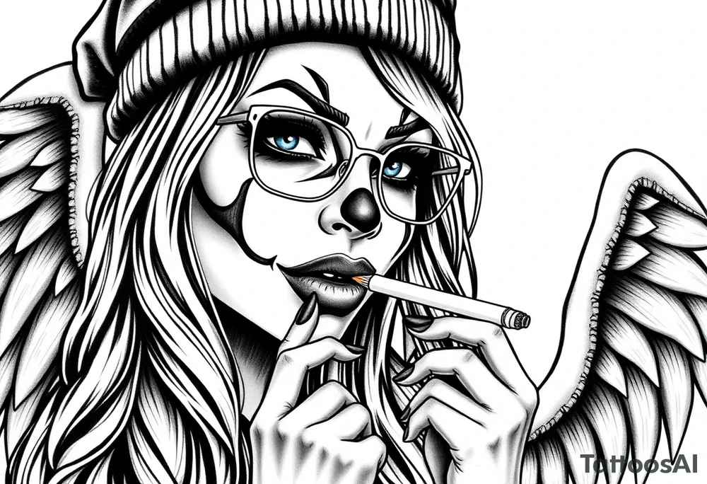 Chicana sexy beautiful long hair clown makeup angel wings thug beanie eyeglasses smoking a cigarette tattoo idea