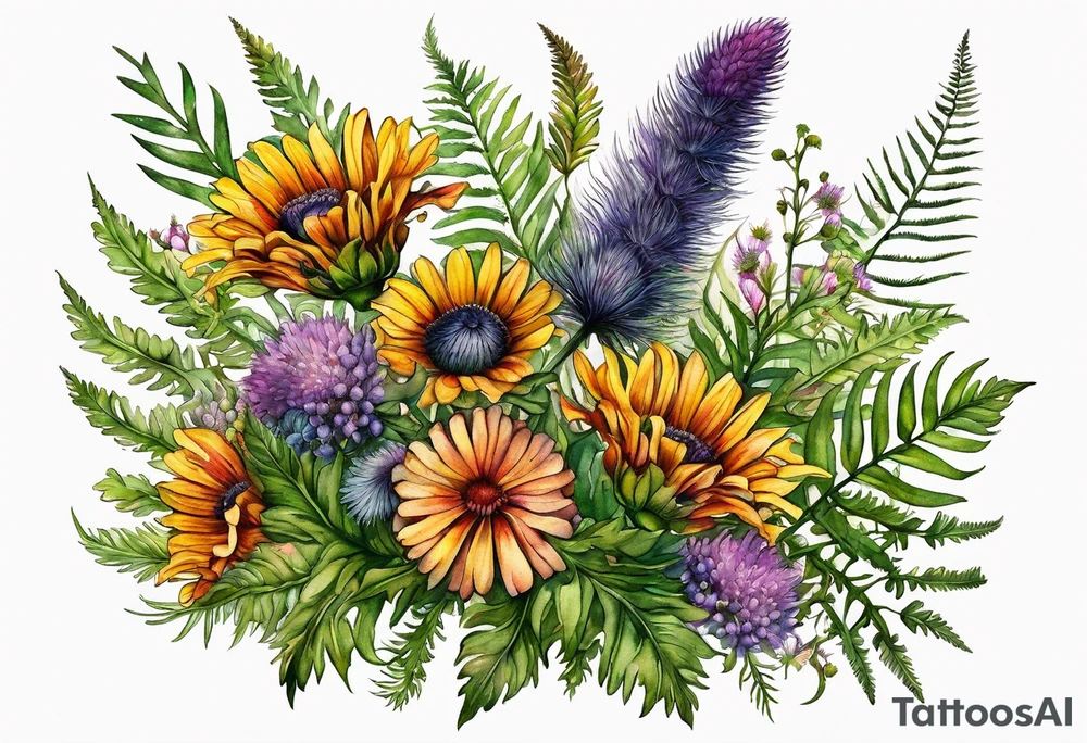 spread out mixed wildflower bouquet with ferns, thistle and with color tattoo idea