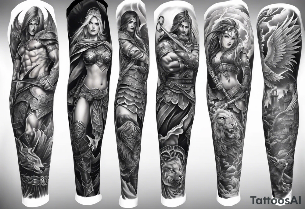 Leg sleeve tattoo of warriors from
Different eras tattoo idea
