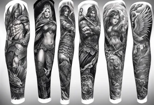 Leg sleeve tattoo of warriors from
 Different eras tattoo idea