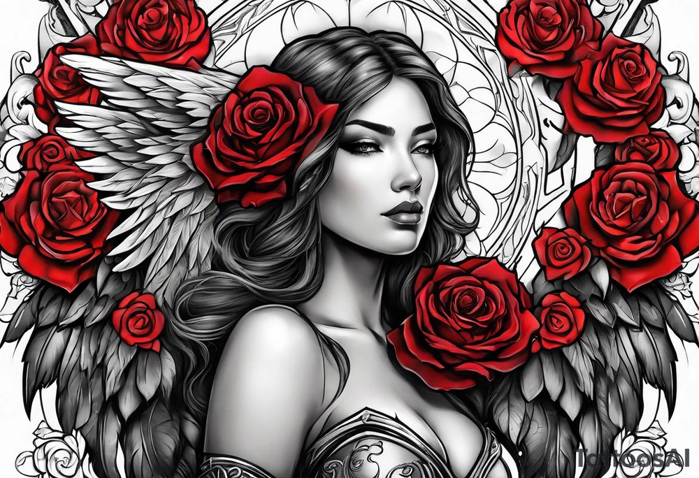 Armored Angel woman with a wolf and a colored rose tattoo idea
