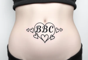 text reading "BBC" across a womb tattoo surrounded by hearts tattoo idea