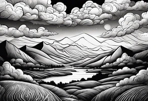 valley scene beautiful cumulous clouds after a storm tattoo idea