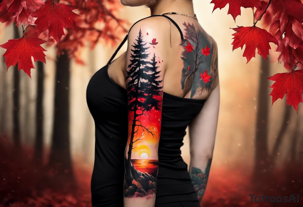trash polka style. Arm tattoo. Long tattoo. Full sleeve. Shoulder. A single large maple tree with red autumn leaves that branches upwards from wrist to shoulder. White-throated dipper bird on the trees branches. Calluna flowers at the base of the trees stem. Tree stem has dark colors. Red/yellow sunset behind the trees stem. Leaves falling. tattoo idea