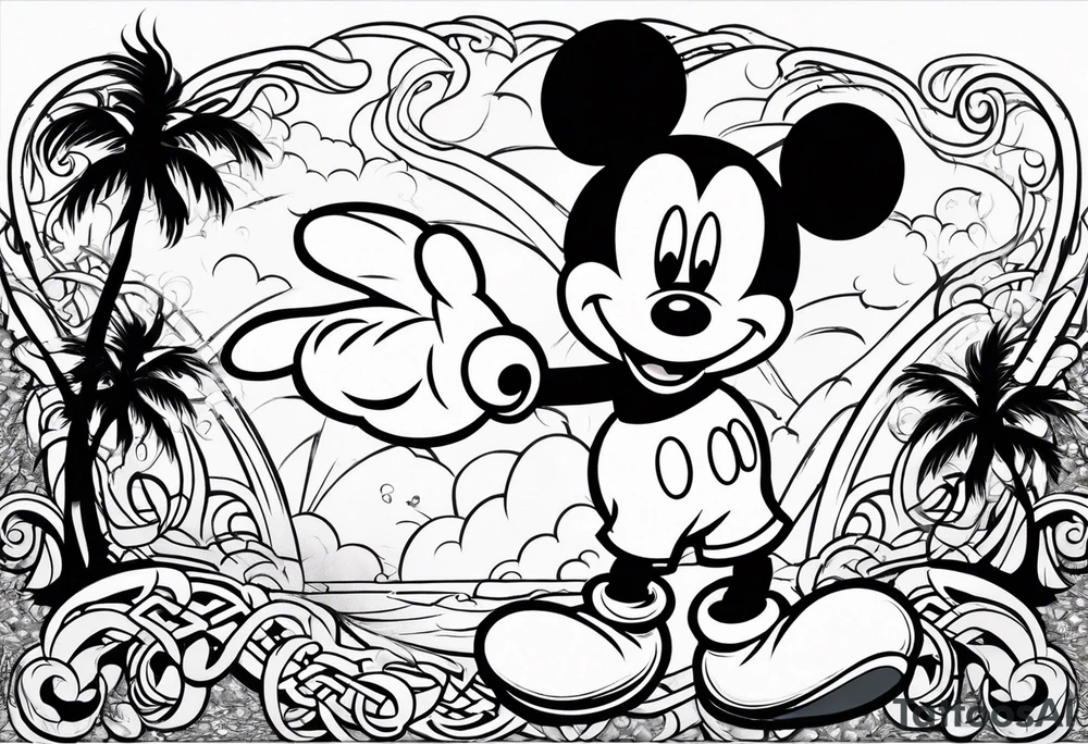 mickey mouse in a lightning storm with palm trees and the celtic symbol for family tattoo idea