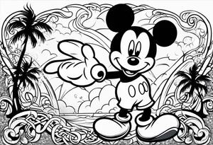 mickey mouse in a lightning storm with palm trees and the celtic symbol for family tattoo idea