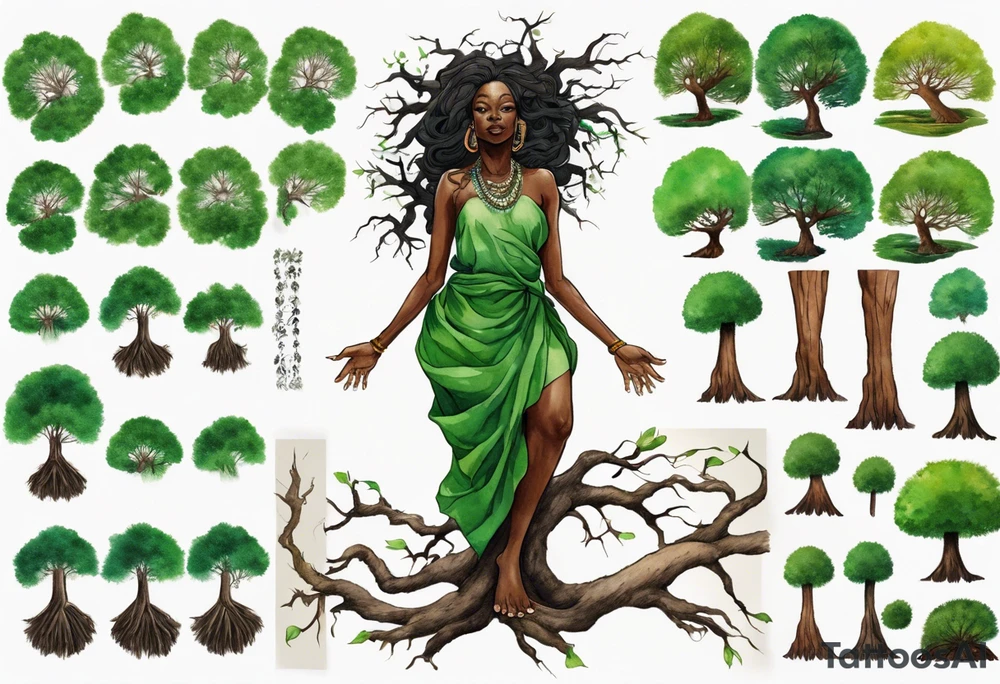 a tree trunk with roots that is a black woman from the waist up, feet made of tree roots, wearing a green tunic, arms stretched upwards towards the noon sun tattoo idea