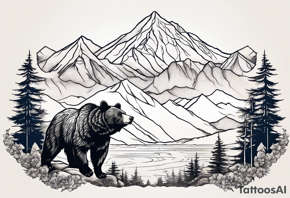 Bear in the mountains, hunting elk and deer tattoo idea