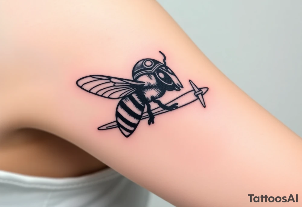 bee with a pilots hat flying next to an airplane tattoo idea