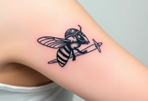 bee with a pilots hat flying next to an airplane tattoo idea