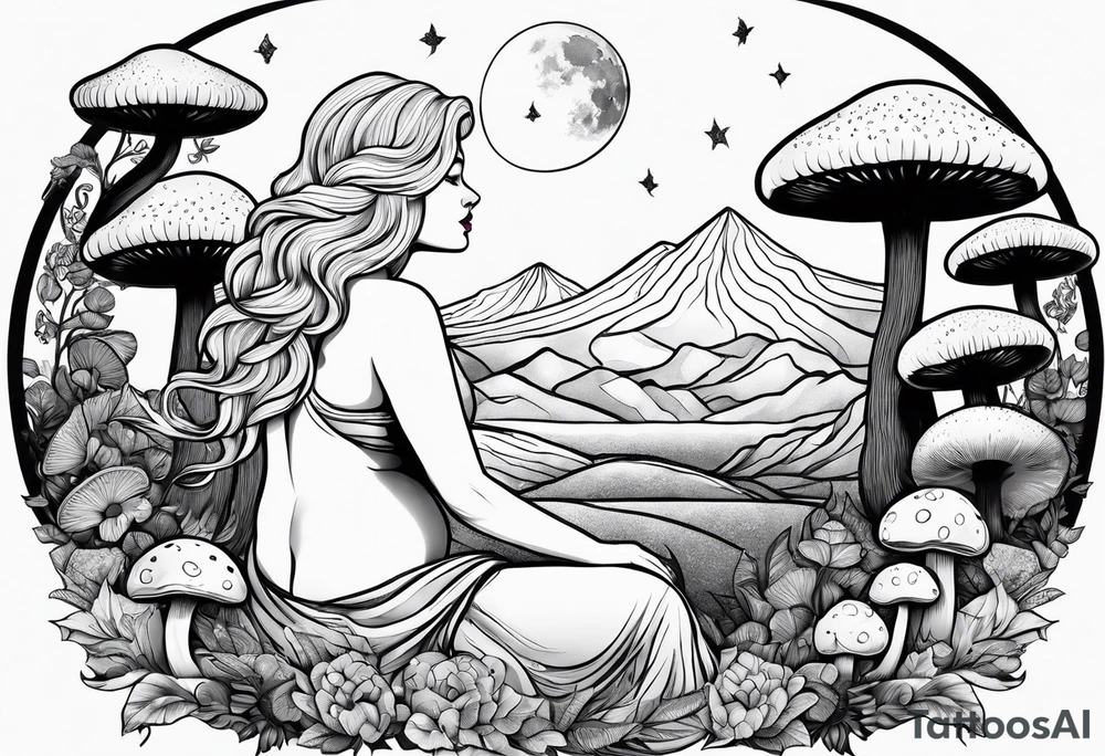 Older blonde fat woman no makeup surrounded by mushrooms mountains crescent moon background tattoo idea