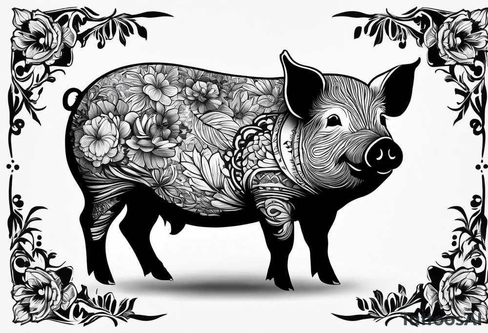 cute pig or piglet.
with text: "friends not food"
only very thin lines. no shading. black and white only tattoo idea