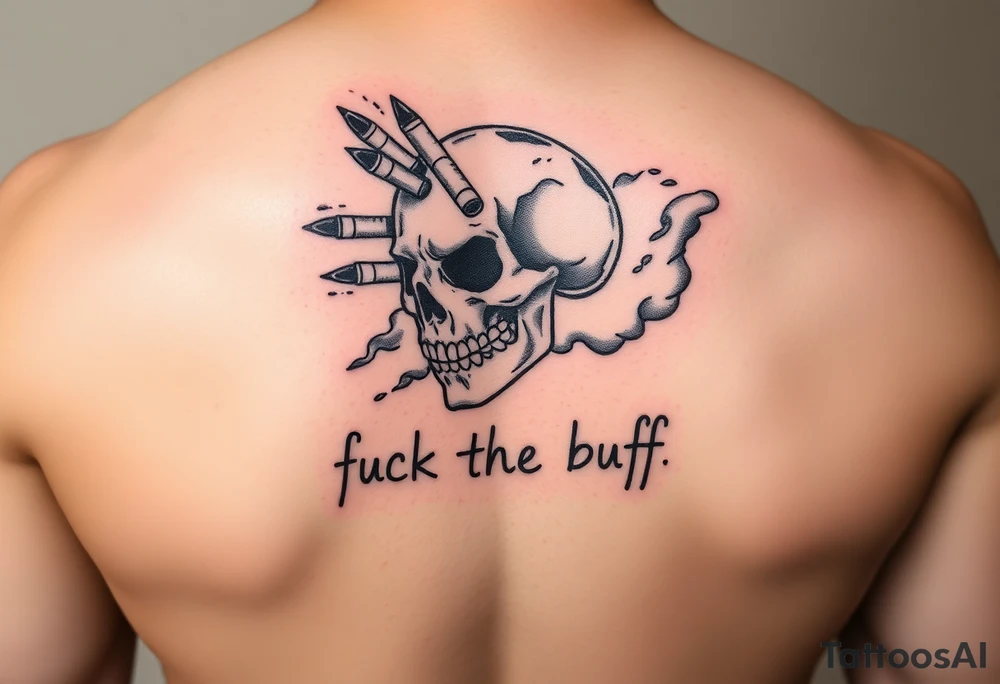 Graffiti type skull with markers and nibs around it with smoke that says fuck the buff tattoo idea