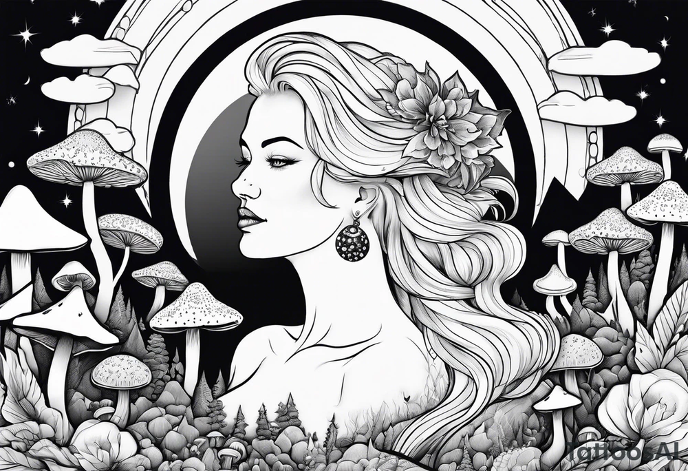 Older blonde fat woman no makeup surrounded by mushrooms mountains crescent moon background tattoo idea