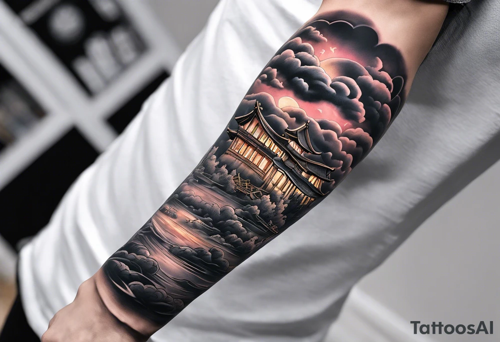 realistic forearm sleeve of money,kids, clouds,journey, bible verses, ninja style tattoo idea