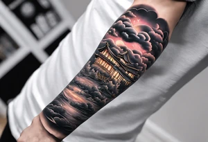 realistic forearm sleeve of money,kids, clouds,journey, bible verses, ninja style tattoo idea