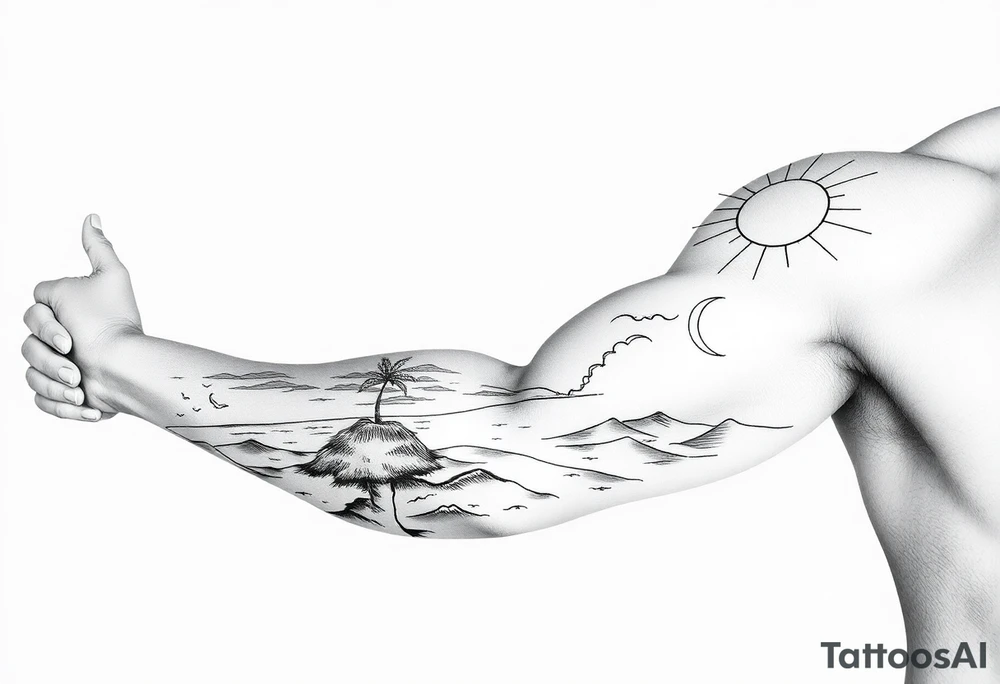 fine line, peaceful, serene, timeless, ocean, sand, palm tree, seagulls, sun tattoo idea