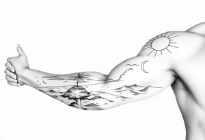 fine line, peaceful, serene, timeless, ocean, sand, palm tree, seagulls, sun tattoo idea