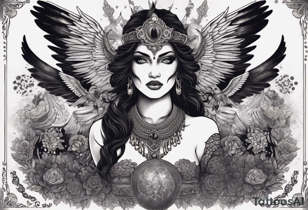 black kali, goddess pirate, alien, angel, pachamama, valkrye, warrior, flying, skull, lotus azul, wing, eagle, zenza resonance, stars, 5D, anahata chakra, death, durga, riding on a tiger, flying lady, kundalini, chest tatoo, samuri, rebel,serpent tattoo idea