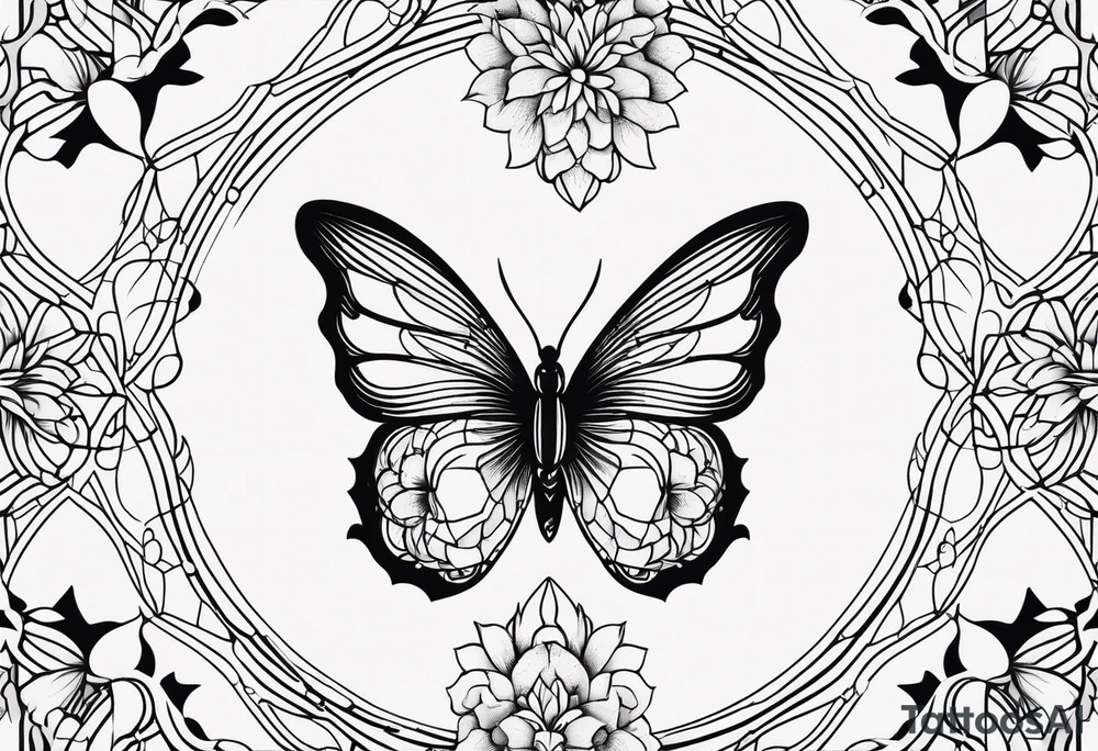 Black and white outline of sacred geometric shapes including fading flower of life into butterfly tattoo idea