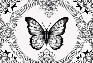 Black and white outline of sacred geometric shapes including fading flower of life into butterfly tattoo idea