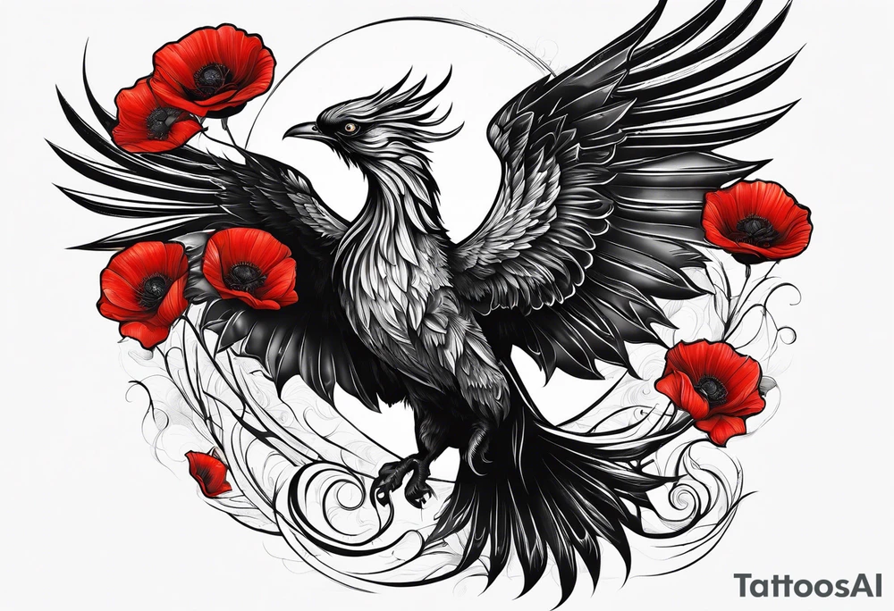 abstract pheonix holding red poppies in flight tattoo idea